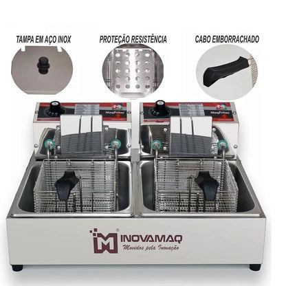 Fritadeira Elétrica 2 Cubas Com Tampa Profissional 10 Litros Inox