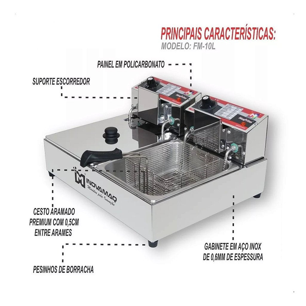 Fritadeira Elétrica 2 Cubas Com Tampa Profissional 10 Litros Inox