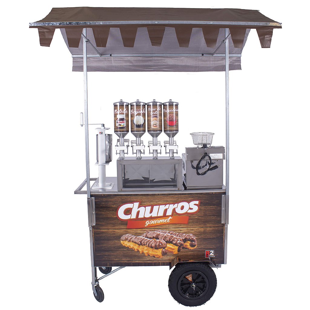 Carrinho de Churros Fritador Elétrico e Gás Masseira Fuso Amadeirado