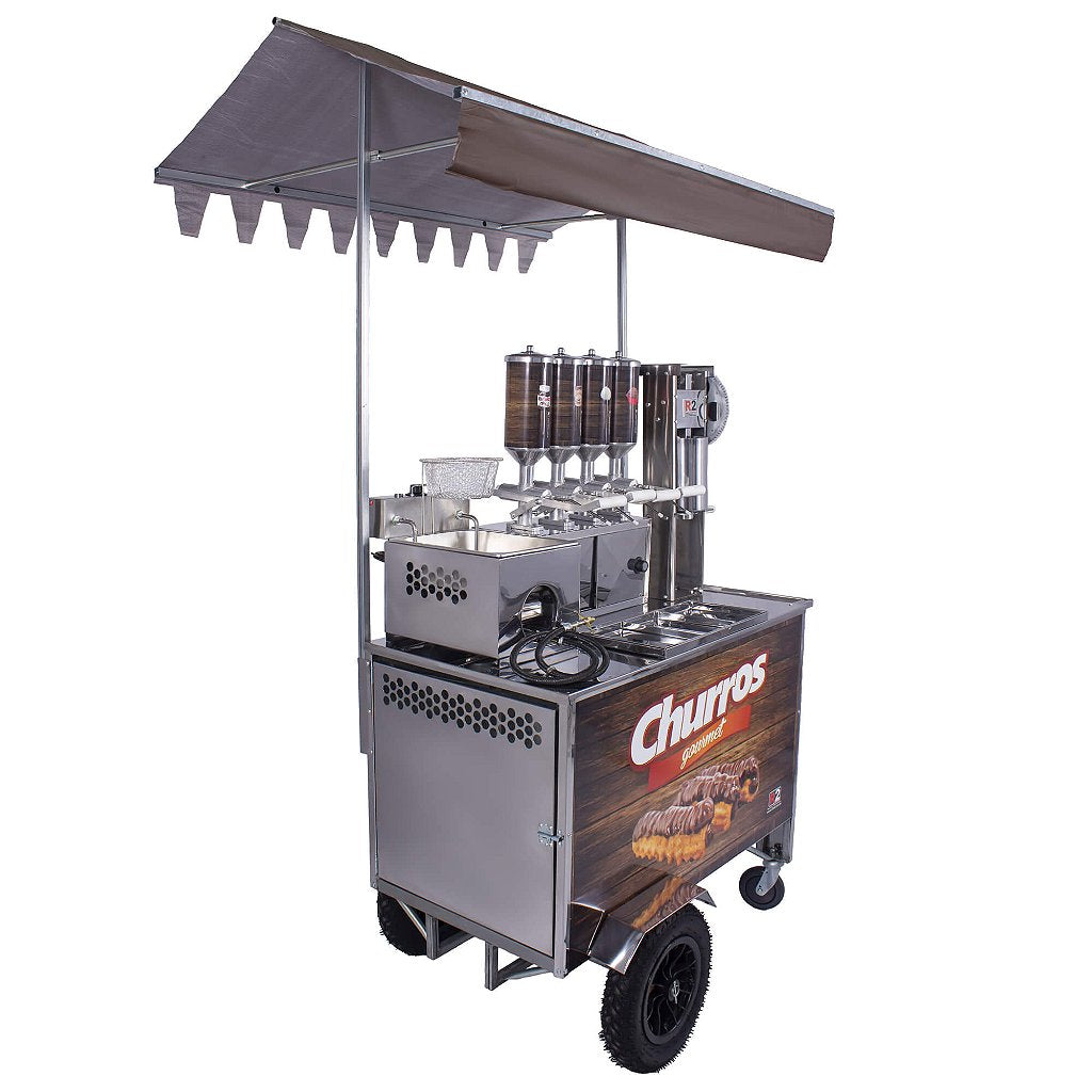 Carrinho de Churros Fritador Elétrico e Gás Masseira Lateral Amadeirado